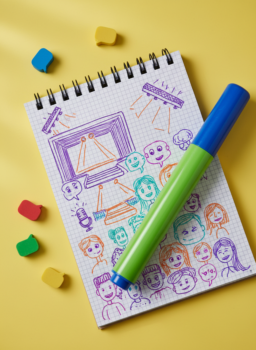 A brightly colored, oversized felt-tip marker pen lying on an open, spiral-bound notepad with rounded corners. The notepad’s page is filled with bold, hand-drawn doodles of microphones, stages, and quirky audience faces, all rendered in playful, energetic lines. Set atop a smooth, lemon-yellow desk sprinkled with a few scattered, multicolored speech bubble-shaped erasers, the environment is illuminated with soft, diffused daylight. The lighting creates gentle highlights on both the glossy pen and the funky erasers, without harsh contrasts. Captured at a slightly diagonal overhead angle, the composition feels dynamic and informal, radiating an energetic, creative mood. The photographic realism and pop of color encapsulate the fun, hands-on approach to preparing original speeches, echoing the engaging learning experience offered by the site.