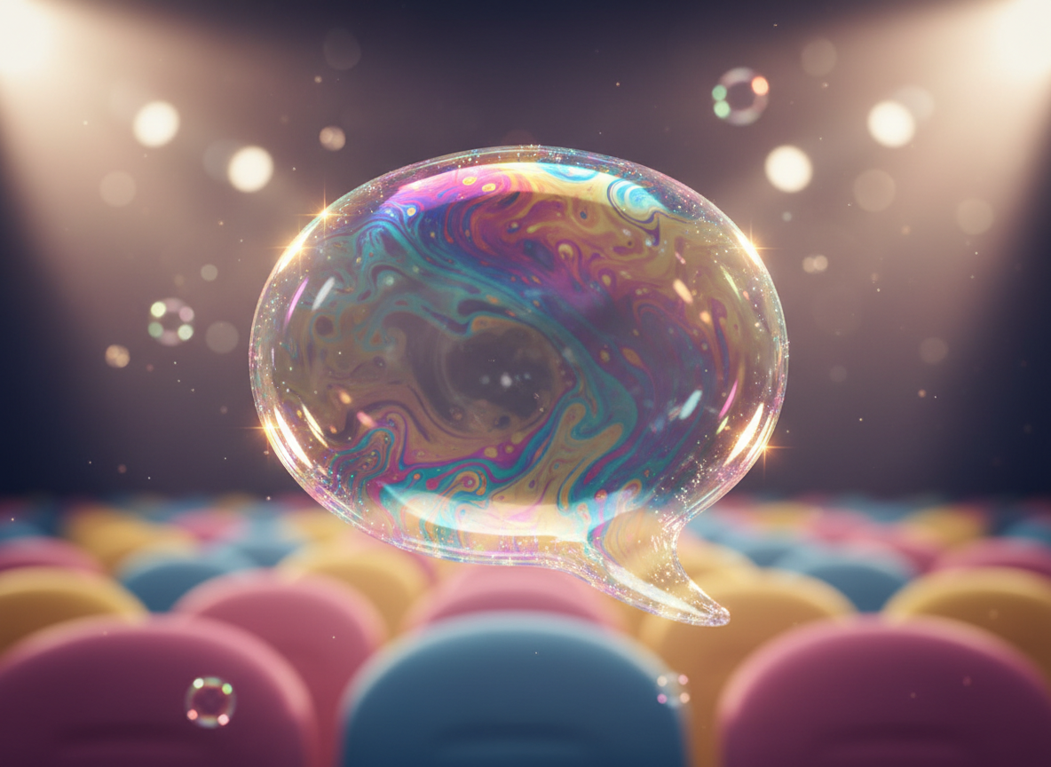 A close-up of a glistening, iridescent soap bubble in the shape of a speech balloon, floating against a vivid, out-of-focus backdrop of multicolored, rounded forms resembling audience seats. The bubble’s surface reflects a spectrum of brilliant hues—pinks, blues, yellows—with tiny, whimsical sparkles accentuating its edges. Backlit by bright, playful spotlights, the bubble glows with a magical aura, and gentle bokeh in the background adds depth and whimsy. Captured from a side angle with shallow depth of field, the focus is sharply fixed on the shimmering bubble, creating an image that feels lively and imaginative. The photographic style magnifies the playful personality of the site while symbolizing the art of communication and the captivating nature of a well-delivered speech.