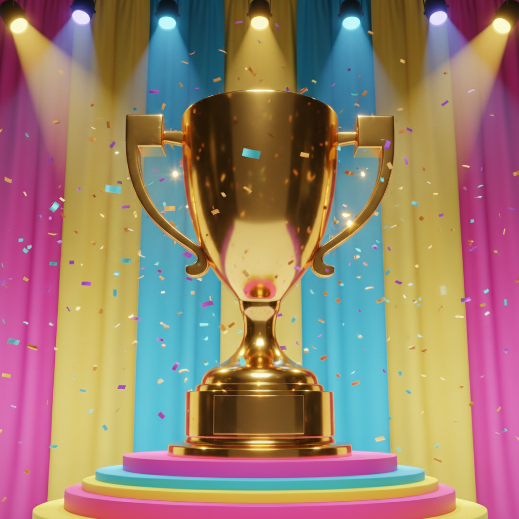A charismatic, oversized golden trophy with smooth, rounded handles shaped like quotation marks, confidently standing on a polished, colorful podium. The trophy’s reflective, high-gloss surface catches vibrant spotlights, casting sparkling highlights around it. The background features a lively burst of multicolored confetti suspended in the air, framed by softly curved stage curtains in playful hues. Illuminated by dramatic, concert-style lighting from multiple angles, the trophy’s details pop with energetic vibrance. The overall mood is exuberant and celebratory, shot from a low, dynamic perspective that emphasizes the trophy’s importance. The scene is photographic and bold, capturing the excitement of speech contests in a way that’s visually engaging and personality-driven, perfectly suited for an educational platform inspiring greatness without people.
