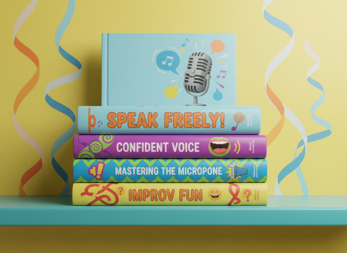 A stack of oversized, softcover tutorial books with glossy, rounded corners and vibrant, playful covers illustrated with abstract speech bubbles, microphones, and exclamation marks. These books are neatly arranged on a smooth, turquoise shelf against a bright wall decorated with whimsical, swirling ribbon motifs. Soft studio lighting envelops the scene, producing gentle reflections on the book covers and casting subtle, cheerful shadows. The composition uses an eye-level perspective and centered framing to convey approachability and clarity. The mood is optimistic and engaging, celebrating learning and creativity. This photographic image perfectly embodies the educational, playful spirit of the site and relates directly to the platform’s core offering—fun, accessible tutorials for public speaking.