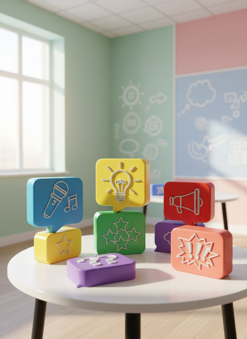 A whimsical collection of brightly colored, oversized building blocks shaped like speech bubbles, each block featuring playful icons like microphones, lightbulbs, and stars embossed in glossy textures. These blocks are arranged on a smooth, circular white table surface in a sunlit, modern classroom lined with pastel walls adorned with doodle patterns. Gentle, diffused natural light pours in from a nearby window, creating luminous highlights and soft shadows around the forms. The mood is energetic and inviting, evoking a sense of playful exploration and creative collaboration. The image is composed with a slightly elevated angle, using the rule of thirds for balance and visual interest, with the focus sharp throughout to showcase vivid detail. Bright, cheerful, and photographic, perfectly aligning with a site dedicated to making public speaking fun and approachable without showing people.